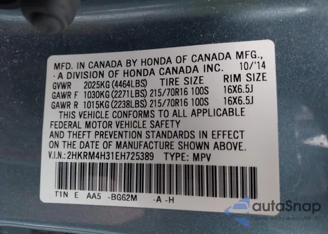 2014 Honda Cr-V Lx from USA, damaged, VIN 2HKRM4H31EH725389
